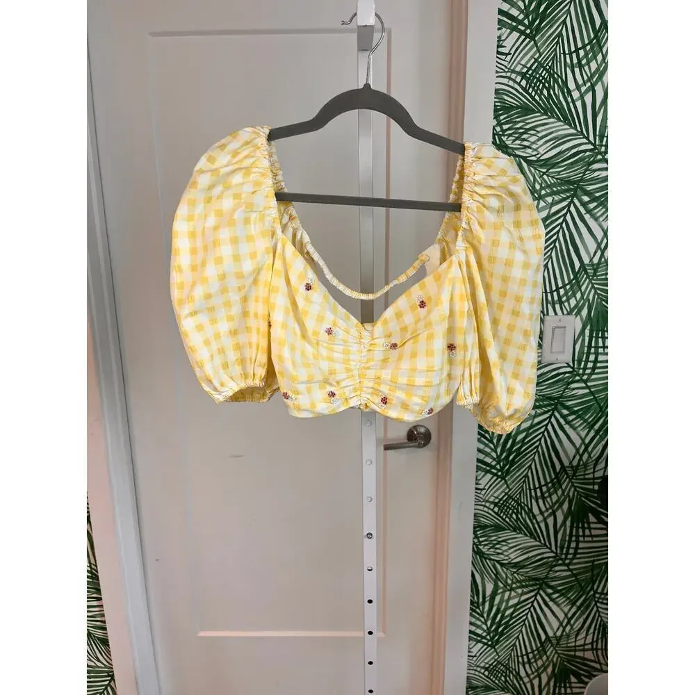 Zara Womens Yellow Gingham Puff Sleeve Cropped Blouse Large